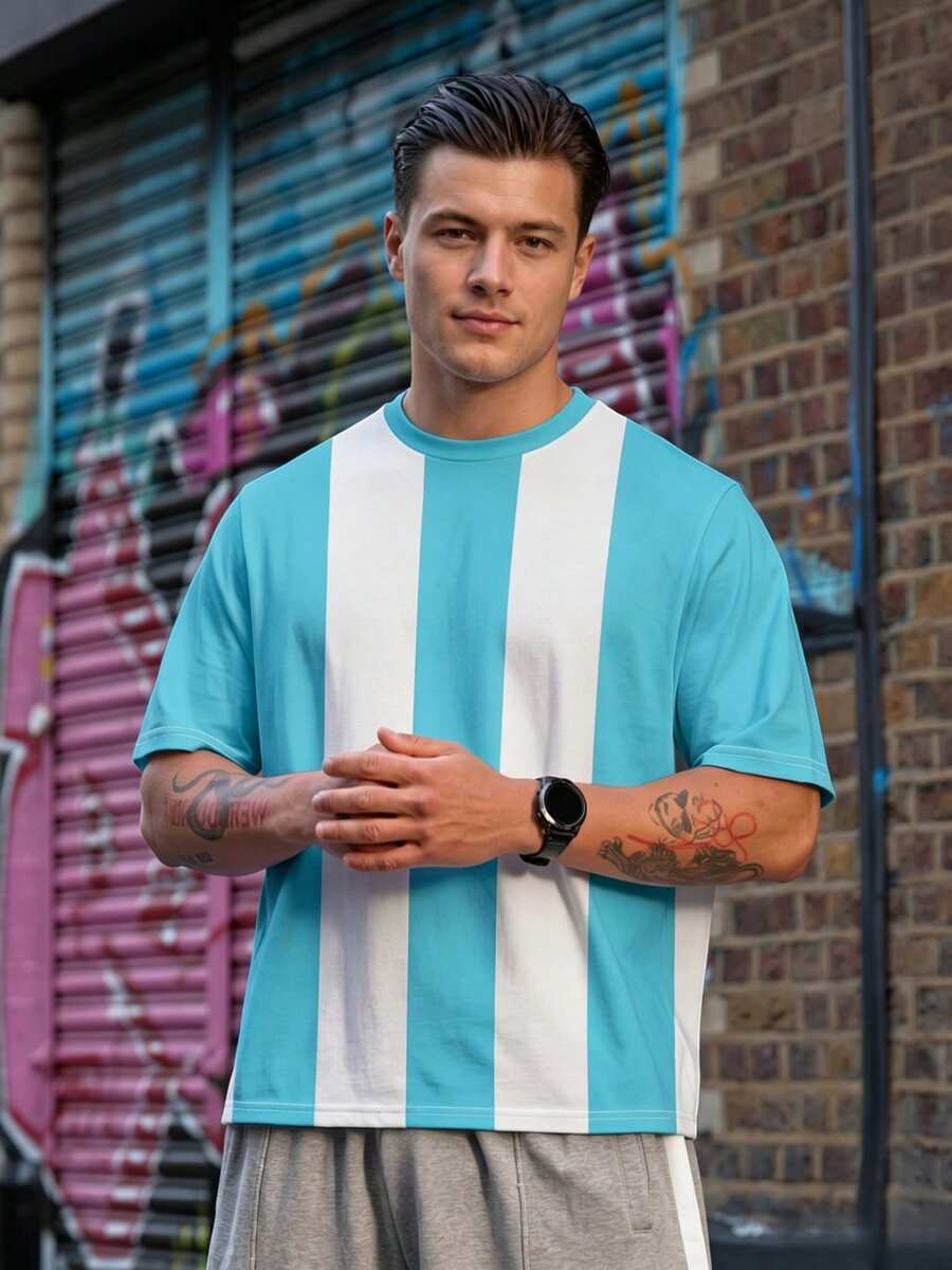Men's Sports Wear: Regular Fit Soccer Style T-Shirt - Blue & White Striped Sports T-Shirt, Suitable For Cycling, Running And Fitness Training - Blue and White - View 1