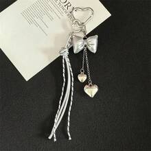 1pc Unisex Black Leather Bow Heart Tassel Keychain Silver Heart Clasp Bag Charm Purse Charm Keyring Back To School Daily - Multicolor - View 5