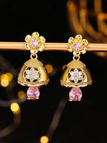 1 Pair Exquisite Elegant Jhumka Copper Zirconia Flower Earrings, Gold Fashion Bell Earrings With Pink Teardrop Sparkling Rhinestones Jhumki, Suitable For Girls, Women Daily, Festival, Wedding And Party Wear/Jewelry Gift - Classic - View 6