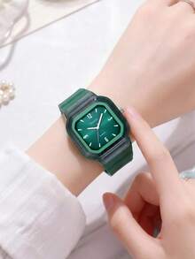 1pc Women's Casual Affordable Square Minimalist Silicone Strap Quartz Wrist Watch Suitable For Daily Wear - Green - View 5