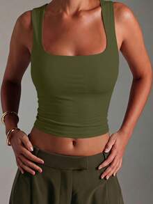 Women Square Neck Wide Strap Stretchy Slim Fit Crop Tank Top Basic Casual Camisole For Vacation Beach Street Daily Outdoor Wear - 橄欖綠 - 查看 4