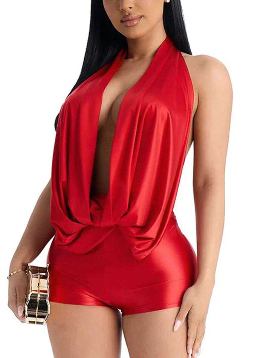 Women's Summer Club Outfits Backless Rompers Rave Date Night Twist Knot Halter Shorts Party Jumpsuits - Rojo - Ver 1