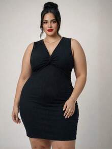 Women's Plus Size Ribbed Black V-Neck Fitted Elegant Dress With Elastane - 黑色的 - 查看 9