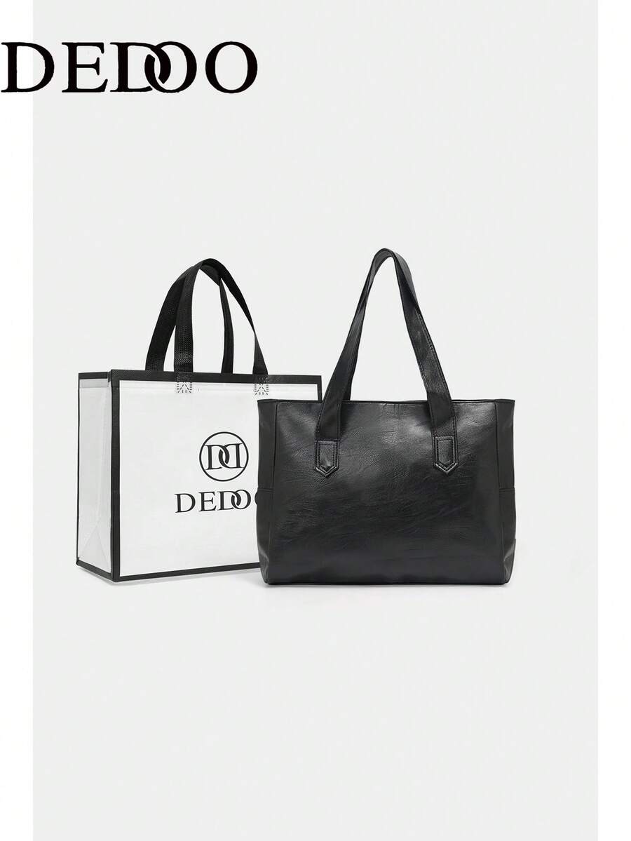 Dedoo Women's Large Commuter Tote Bag, Solid Color Soft Faux Leather, Wide Stitched Handle, Side Pockets, Large Capacity, Minimalist Business Casual, All-Season