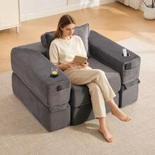 Folding Corduroy Sofa With High-Density Foam And Spring Core For Stable Seating, Side Pocket And Cup Holder, Armrest With Zip, Vacuum Packed, Easy Assembly, For Apartment And Living Room. - 深灰色 - 查看 5