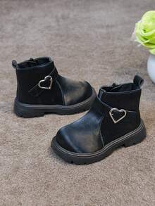 1 Pair Girls' Heart Buckle Boots, New Spring/Autumn Fashion Buckle Princess Boots, Korean Style Versatile Fashion Ankle Boots - Black - View 4