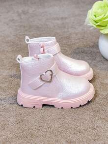 1 Pair Girls' Heart Buckle Boots, New Spring/Autumn Fashion Buckle Princess Boots, Korean Style Versatile Fashion Ankle Boots - Pink - View 6