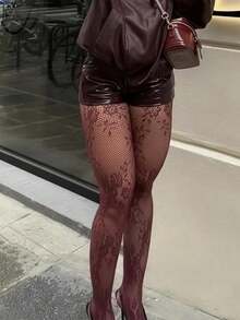 Vintage Floral Wine Red Sexy Fishnet Stockings, Thin Hot Girl Colorful Pantyhose - Burgundy - View 4