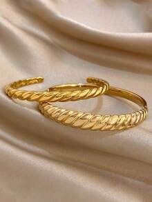 1Pc/Set Classic Gold Plated Textured Braided Open Stainless Steel Bangle Bracelet Set,For Women,Daily/Boho/Party/Wedding,Mom Gifts,Valentine Birthday - Multicolor - View 3