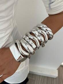 8pcs/4pcs/1pc Bohemian Style Casual Geometric Heavy Work Twisted Silver CCB Open Bangle Bracelet Set, Open Design Suitable For Party, Gathering, Gift, Vacation, Date And Daily Wear - Silver - View 10