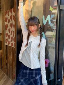 Korean Style Polka Dot Lace Trim Striped 2 In 1 Layered Top - White - View 6