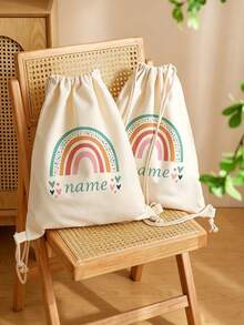 Custom Name Initial Print Rainbow Drawstring Gym Bag, Adjustable Lightweight Shoe Storage Bag, Reusable Sports Travel Bag, Personalized Birthday Back To School Gift, Unisex, Travel Organization Essentials - Multicolor - View 3