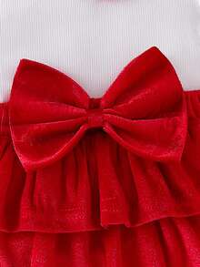 Baby Girl Princess Style 2pcs Set Soft Ribbed 3D Bubble Long Sleeve Patchwork Double Layer Ruffle Cake Dress Tutu Dress With 3D Flower Bodysuit And Matching Bow Headband For Holiday Party Outfit - Red - View 5