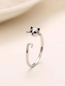 Adjustable Cat Tail Ring, Silver-Plated Cute Kitten Open Wrap Ring, Black Eyes, Fashionable Animal Personality Accessory, Suitable For Women's Daily Wear - Silver - View 9