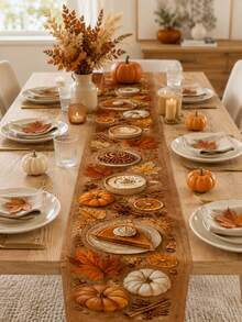 1pc-Autumn Linen Table Runner, Coffee Pumpkin Dessert Table Decor, Rustic Farmhouse Fall Dining Table Runner For Kitchen, Single-Sided Harvest Table Decoration, Thanksgiving Holiday Centerpiece Accent For Home Parties - Multicolor - View 5