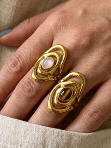 1 Piece 304 Stainless Steel 18K Gold-Plated Asymmetric Multi-Layer Hollow Natural Stone Open Ring/Waterproof And Fade-Resistant - Ring - View 3