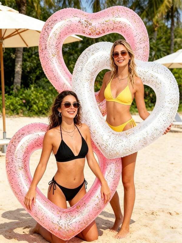 Aro de natación con forma de corazón de 120cm con purpurina, flotador inflable de piscina con lentejuelas, flotador de agua con forma de corazón romántico, adecuado para fiestas de verano en la playa y la piscina