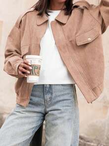 Middle-Aged Women Camel Faux Suede Lapel Jacket, Loose Drop Shoulder Short Casual Spring/Autumn Versatile Top - Camel - View 7