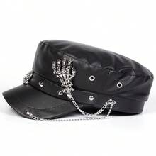 1pc Women's Metal Buckle Leather Cap - Black - View 4