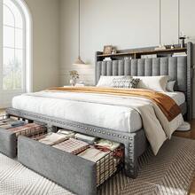 Queen/King Bed Frame With 2-Tier Storage Headboard & 2 Storage Drawers, Upholstered Platform Bed Frame , Sturdy Wooden Slats Support, Noise-Free, No Box Spring Neededcama Queen, Grey - 灰色 - 查看 2