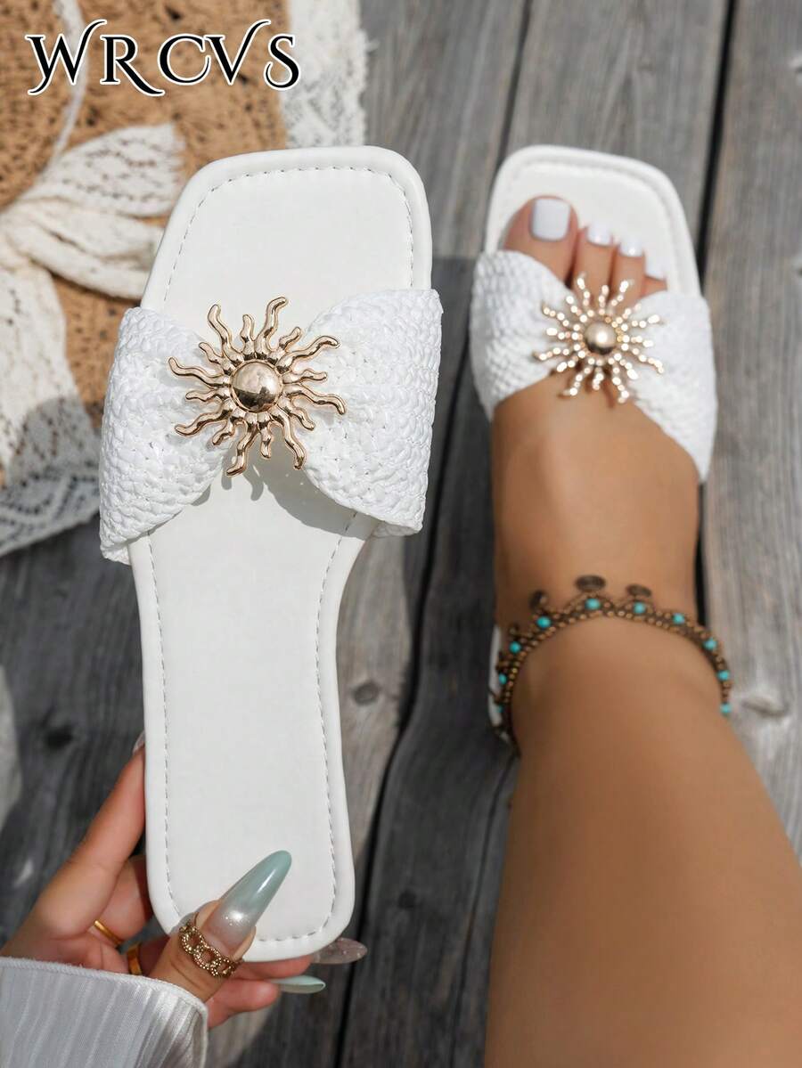 WRCVS Women's Wide Fit White Flat Sandals, Fashionable Bohemian Style Vacation Shoes For Beach, Summer Woven Embroidered Slides With Metal Buckle - White - View 1