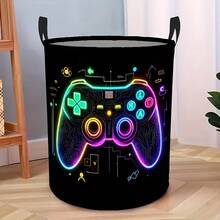 1pc Neon Game Controller Laundry Basket, Foldable Storage Bin With Cool Game Pattern And Controller, Suitable For Storing Clothes In Teenagers' Game Room - Black - View 1