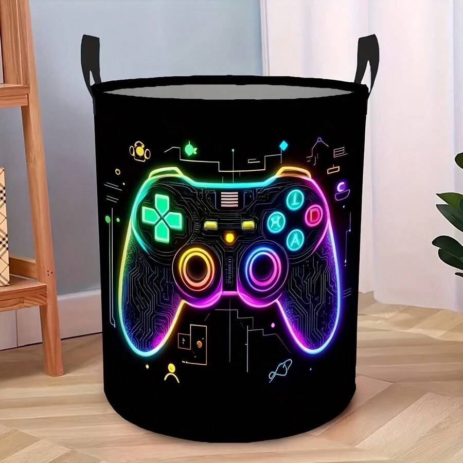 1pc Neon Game Controller Laundry Basket, Foldable Storage Bin With Cool Game Pattern And Controller, Suitable For Storing Clothes In Teenagers' Game Room - Black - View 1