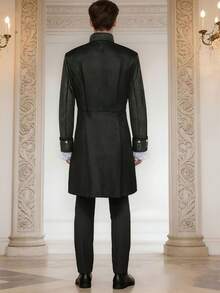 New Arrival Steampunk Style Men's Solid Color Vintage Uniform Stand Collar Two Pieces Set - Black - View 2
