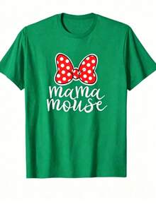 Chic Mama Mouse T-Shirt With Graphic Print, Short Sleeves, Cotton, Round Neck, Casual Style, Ideal Gift For Mom. - 綠色 - 查看 6