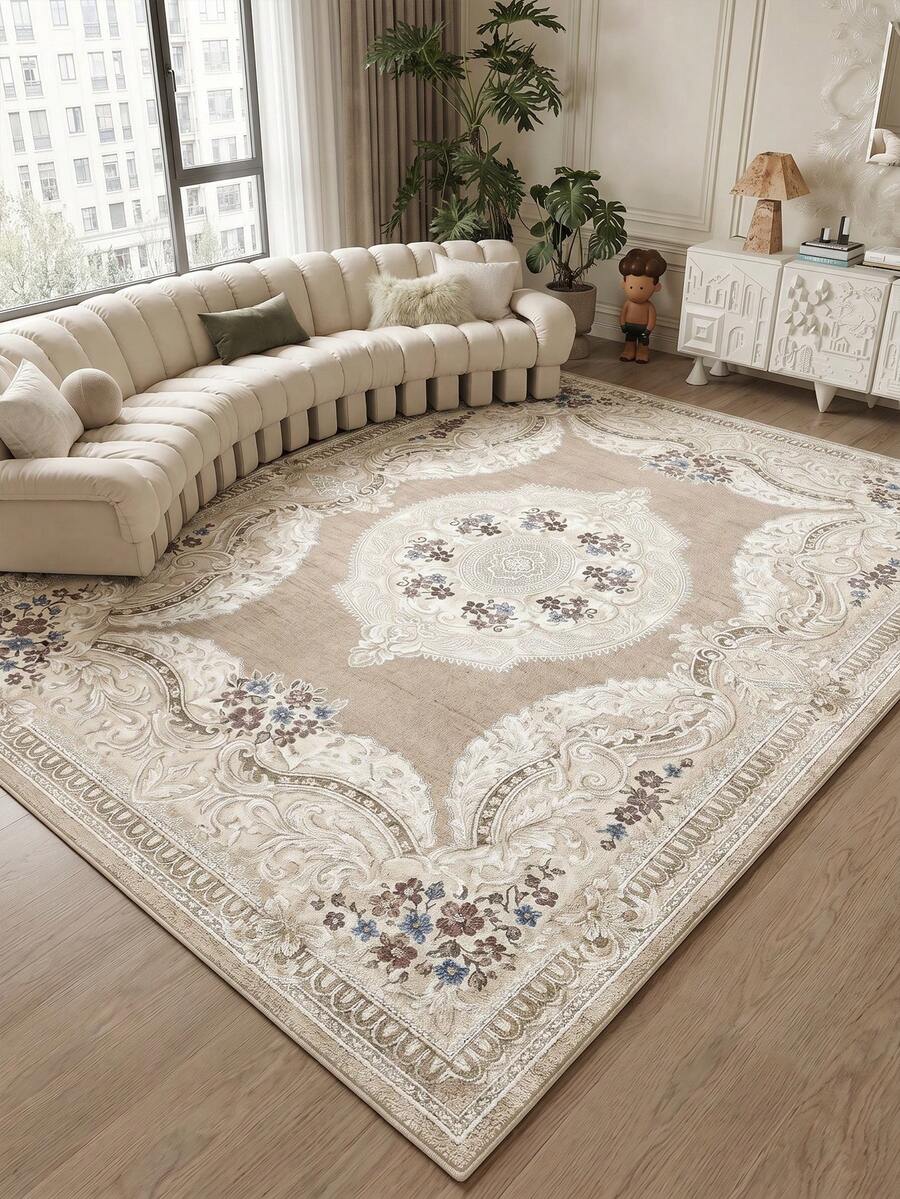 1pc Apricot European Floral Living Room Rug, Suitable For Kitchen, Dining Room, Bedroom, Room Holiday Decor, Indoor/Outdoor, Office, Lobby, Non-Slip Doormat, Bathroom Rug, Hallway, Study Gaming Area Rug