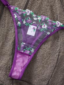 女款 2 件組紫色花卉刺繡透視網紗鋼圈內衣與丁字褲內衣套裝 - 紫色 - 查看 3