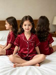 Burgundy Heart Embroidery Children's Pajama Set, Girls' Short Sleeve Loungewear 2 Pieces Set - Burgundy - View 3