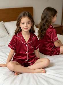 Burgundy Heart Embroidery Children's Pajama Set, Girls' Short Sleeve Loungewear 2 Pieces Set - Burgundy - View 4
