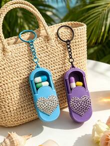 Portable Pill Box With Keychain, Portable Slide-Out Small Pill Box With Heart Pattern, Pill Storage Box For Office Workers, Travel Medicine Storage Box, Pocket Pill Box, Compact Small Pill Box, Daily Pill Storage Container, Waterproof Pill Box With Keychain Chain, Home Essential, Suitable For Work, Travel, School - Multicolor - View 3
