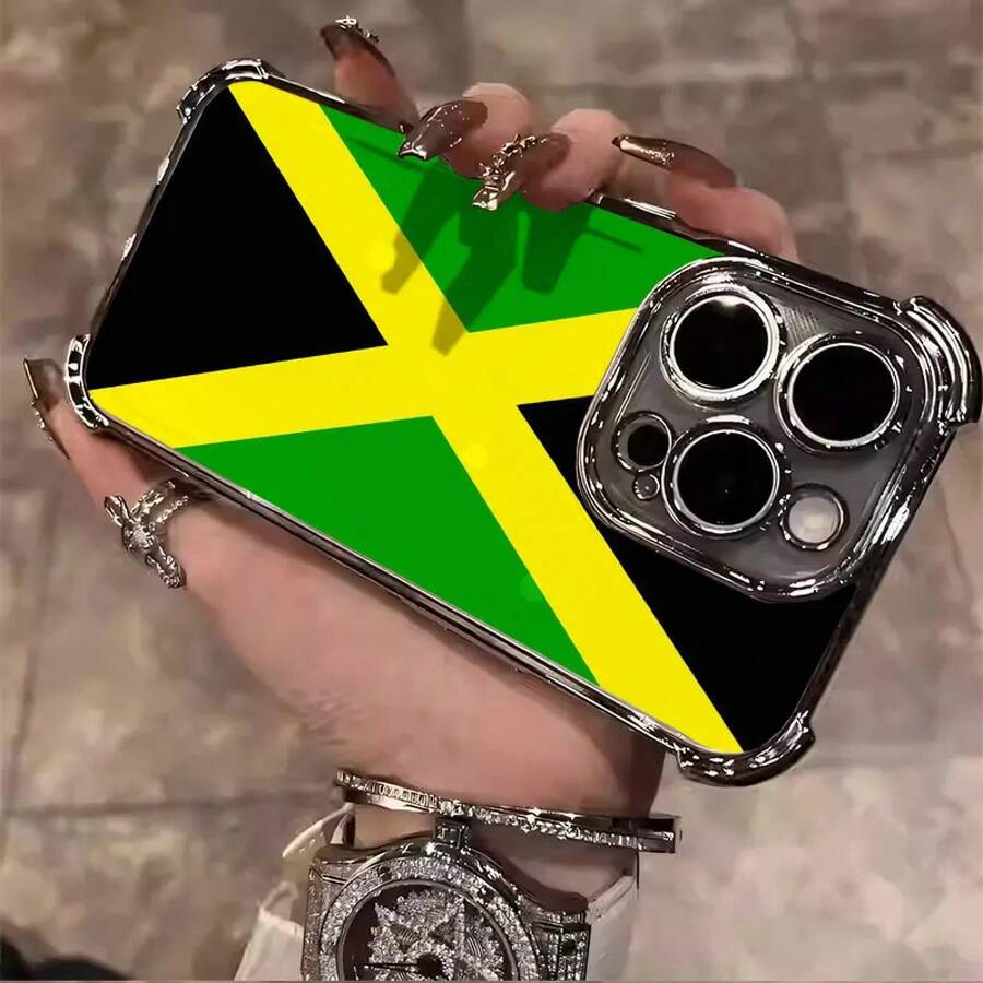 Jamaican National Flag Unique Design Collage Pattern Suitable For Aesthetic Electroplated TPU Casing For Iphone 17 16 15 14 13 12 11 PRO PLUS MAX AIR  S26 Four Corners Anti-Fall Transparent Casual Soft Silicone Premium Phone Cases L1842 - Silver - View 1