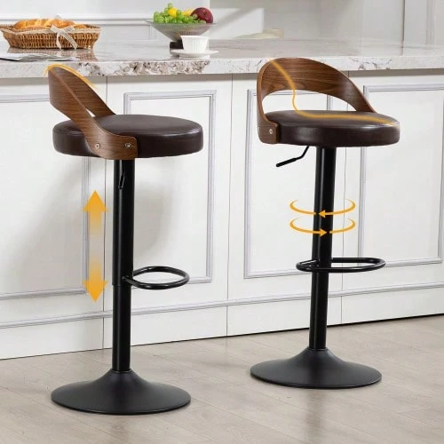 Set Of 2 360° Swivel Bar Stools With Black Walnut Wood Backrest And PU Seat Cushion, Height Adjustable - Brown - View 1