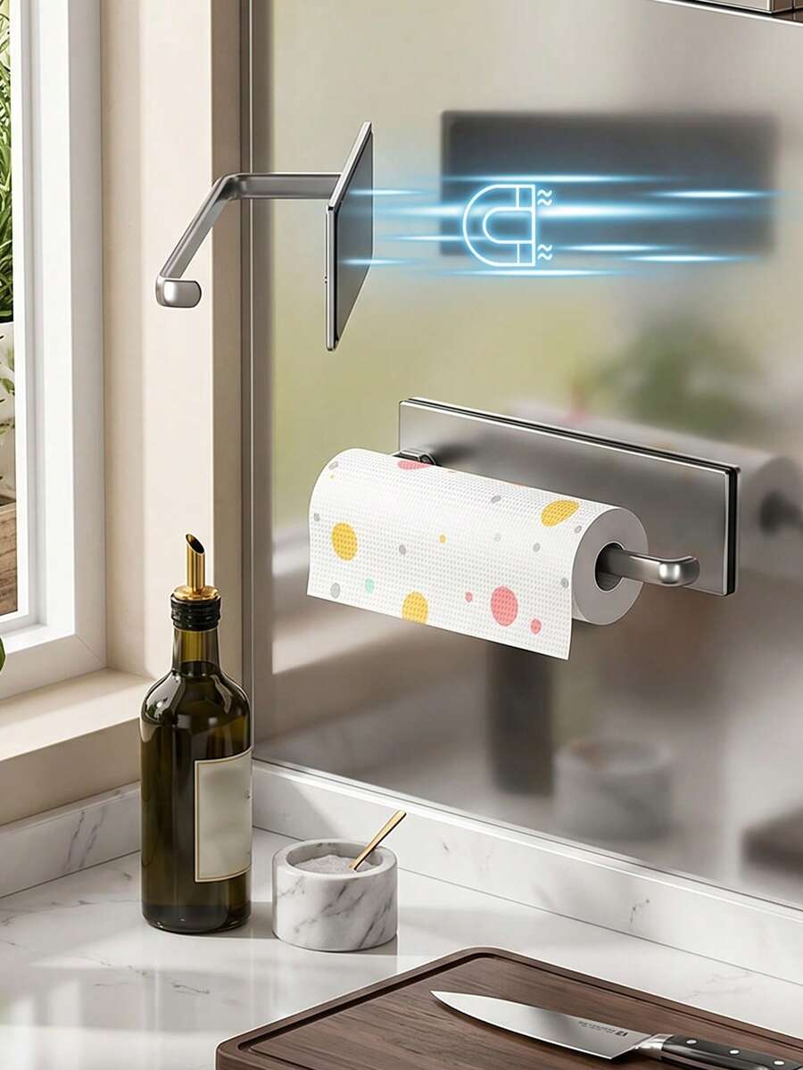 1pc Magnetic Paper Towel Holder, Wall-Mounted Paper Towel Rack, Cling Film Rack, Fridge Side Storage Rack, Towel Bar, No Drill Wall-Mounted Towel Rack For Kitchen, Bathroom, RV - Holds Rolls,Sleek Style, Durable Material - Multicolor - View 1