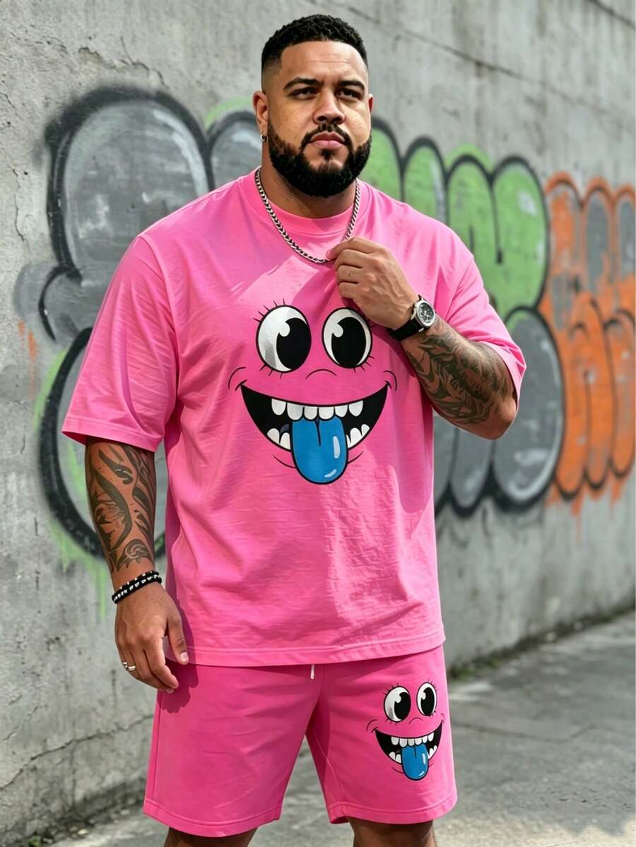 Men's Streetwear Casual Cartoon Series "Funny Pink Contrast Quirky Expression" Pattern Design Sportswear Set - Polyester Knit Fabric, Round Neck Design, Drawstring Shorts, Pocket Details, Regular Fit, Suitable For Plus Size - Multicolor - View 1