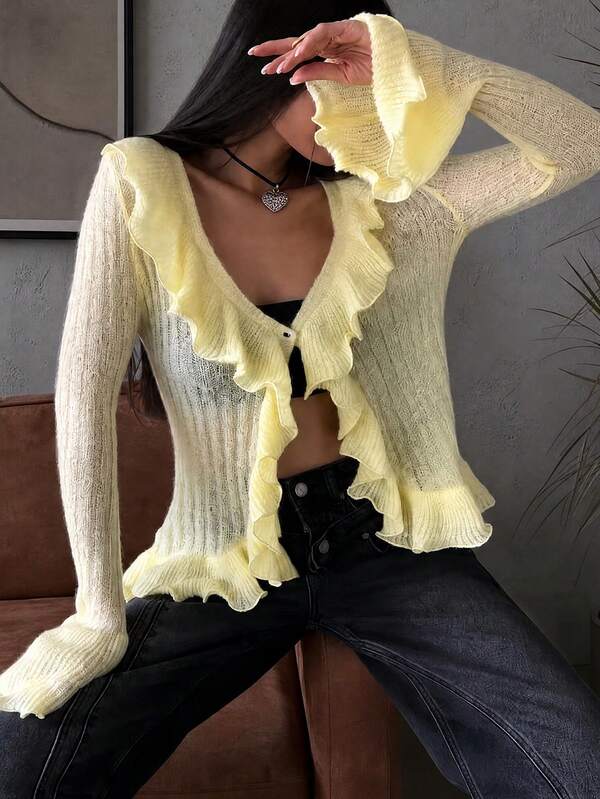 Cárdigan de punto elegante y transparente con volantes para mujer, mangas largas acampanadas, dobladillo asimétrico con botones, estilo vintage de otoño