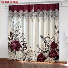2 Pieces Curtain Set, Red Rose Pattern, Polyester Material, Rod Pocket Design For Light Filtering, Perfect For Decorating Bedroom, Living Room Or Office, Especially Suitable For Seasonal And Holiday Occasions - Multicolor 2 - View 8
