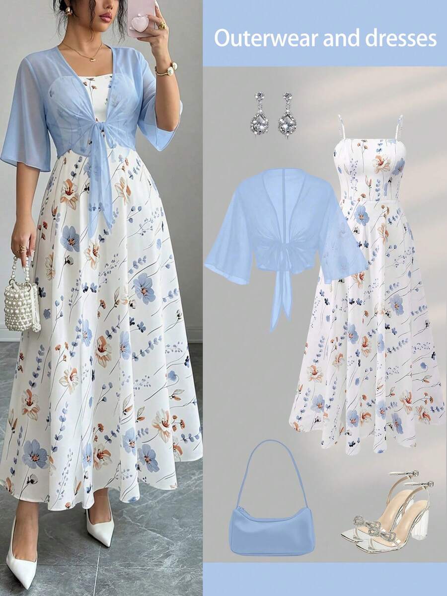 Setelan Dua Potong Gaun dan Jaket Chiffon Motif Bunga Matahari Elegan untuk Wanita, Busana Liburan Pantai yang Anggun untuk Musim Semi - MultiWarna - View 1