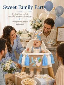 1set 1/2 Blue Half Birthday High Chair Banner Crown Set - Goose Half Birthday Party Decoration, Flower Lawn Party Photography Props, Six Month Boy Girl Birthday Decor, Sweet Cake Smash Photo Props, Wall Hanging Decor, Kids Bedroom Photo Props, Baby Photography Props, Bohemian Style Decor - Baby Blue - View 3