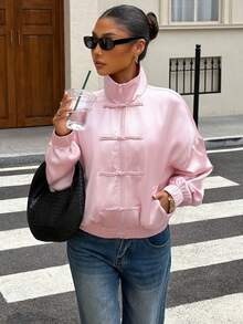 Elegant Casual Satin Frog Button Loose Daily Commute Date Multi-Occasion Suitable Women's Jacket Pink - Pink - View 7
