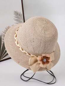 Topi Jerami Elegan Bermotif Bunga untuk Wanita, Cocok untuk Belanja di Luar Ruangan, Perjalanan, dan Liburan di Musim Semi/Panas. Topi Matahari, Desain Berongga, Topi Ember Multifungsi, Cocok untuk Penggunaan Sehari-hari, dengan Tali Anti Angin. - MultiWarna - View 7
