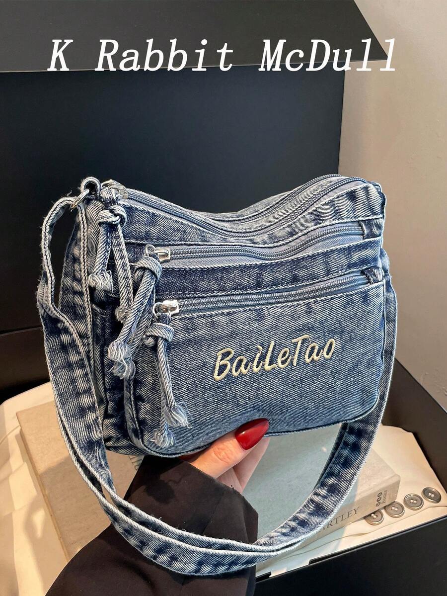 迷你時尚花卉刺繡牛仔多口袋斜挎包－百搭女款單肩包，小牛仔包，可調肩帶媽媽包