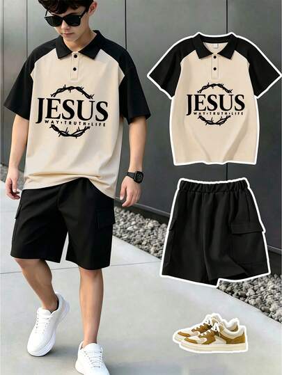 2pcs/Set Boys Fashion POLO Short Sleeve Shirt And Shorts Set, Printed With "JESUS" Letter Pattern, Suitable For Boys Daily Wear And Sports Casual