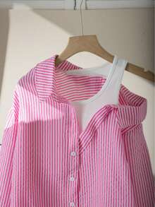 1pc Girls' Turn-Down Collar Asymmetric Shoulder 2-In-1 Vertical Striped Long Sleeve Shirt, Suitable For Daily Casual And Back To School Occasions, Spring/Autumn - Pink - View 3
