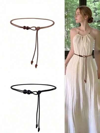 Women's Adjustable Belt - Beaded Design, Vintage Decorative PU Rope Waist Belt, Waist-Cinched Dress Accessory, Suitable For Dresses, Shirts And Jackets, Suitable For Casual To Formal Occasions, Fashionable Decoration, Elegant Details, Minimalist Style, Durable Material