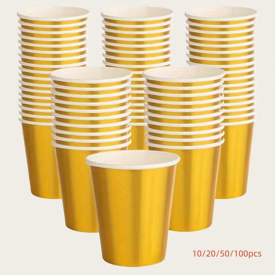 10/20/50/100pcs Gold Paper Party Cups, 9oz Drinking Cups, Coffee Cups, Cold Drink Cups, Lightweight Drinkware, Reusable, Perfect For Birthday Parties, Weddings, Mother's Day, Theme Parties, Bridal Showers, Christmas Gifts, Afternoon Tea Parties