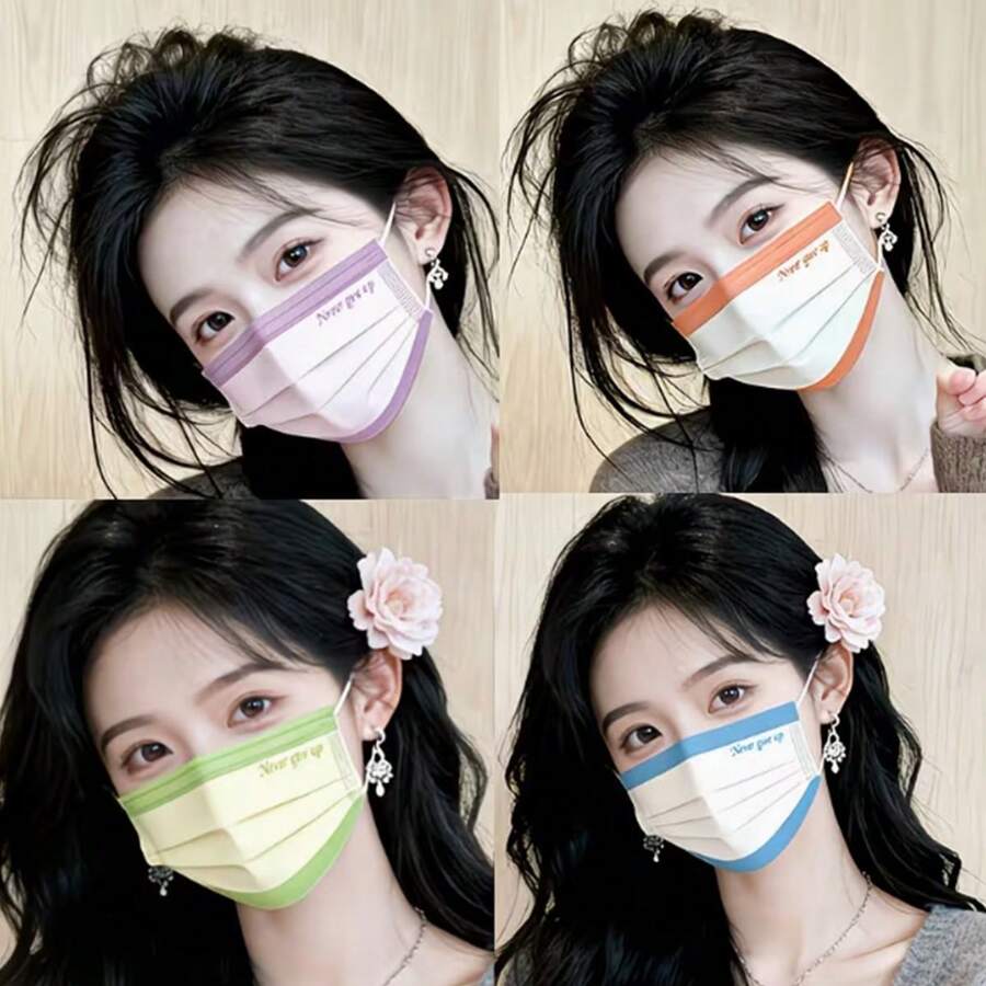 40/30/20/10pcs Women's Disposable Face Masks, Suitable For Home, Office And Outdoor Use, Breathable Non-Elastic Adult Masks, Color-Block Print Design For Fashionable Look, Durable For Parties, Great Gift, Non-Washable